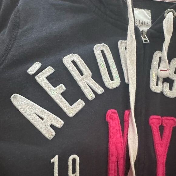 Y2K Aeropostale Full Zip Black White Sequin Hooded Jacket New York Women's Large - Picture 3 of 8
